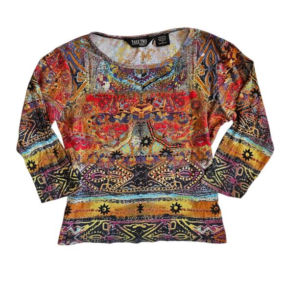 Tops - Y2k Graphic 3/4 Sleeve Top Vintage 90's Multicolor Take Two - Size Small
